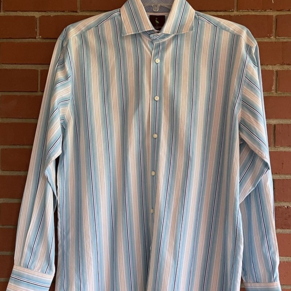 Tailorbyrd Button Down Shirt Mens M Long Sleeve Striped Blue Tan Preppy